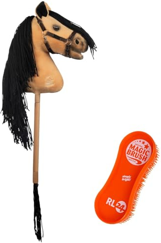 RL24 HKM - Hobby Horse Premium Buckskin – Steckenpferd mit Trense – Spielpferd aus Plüsch mit Holzstock & Langer Mähne – Stockpferd ohne Griffe & Rollen – Hobby Horse Pferde – Hellbraun