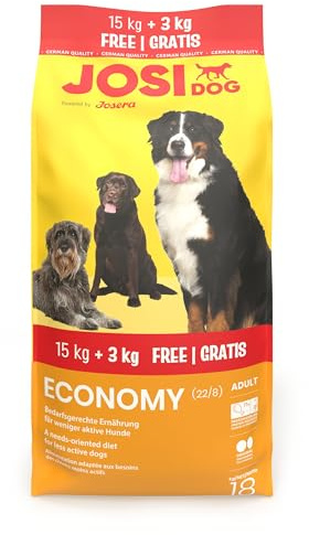 JosiDog Economy (1 x 15 + 3kg) | Adult | Premium Trockenfutter für ausgewachsene weniger aktive Hunde | mit viel tierischem Protein | Powered by JOSERA | Hundefutter | Alleinfutter | 1er Pack