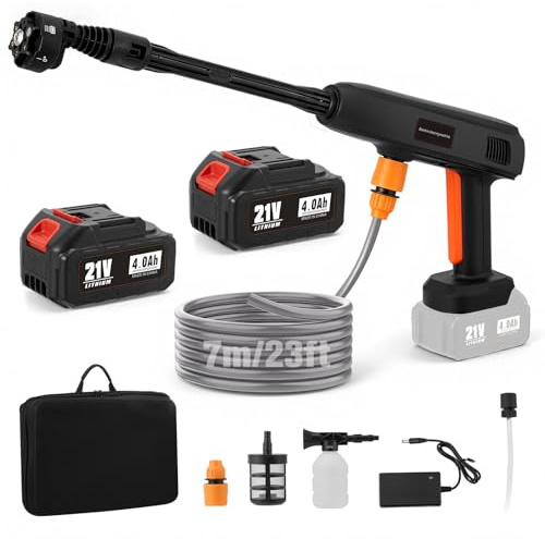Limpiador de alta presión con batería, 1000 PSI (69 bar), 336 l/h, pistola portátil con 2 baterías de 4000 mAh, boquilla giratoria multifuncional 6 en 1, manguera de 7 m para coche, suelo, terraza
