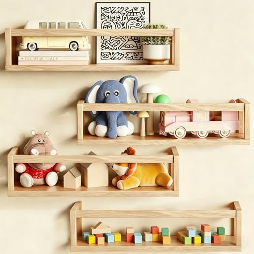 4 Stück Wandregal Kinderzimmer Regal Wand Schweberegal - 41cm Kinder Bücherregal Holz Wandregal Bücher Schweberegale Gewürzregale Hängend Regal Wand Schweberegal für Babyzimmer Wohnzimmer & Wand Deko