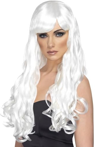 Smiffys Verlangen Perücke, Weiß, Lang, Lockig mit Pony Halloween
