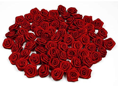Rosen 15 mm x 20 Stück Satinrosen Aufnäher Deko Blumen Röschen zum Basteln Haarschmuck kleine Rosenköpfe Farbe: rot 250