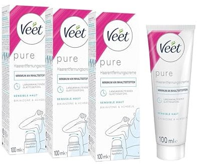 Enthaarungscreme Bikini Zone & Achseln 3er Pack bei sensibler Haut für seidig glatte Haut bis zu 2x länger als bei einer Rasur Veet Bikini & Achseln Haarentfernungscreme 3x100ml