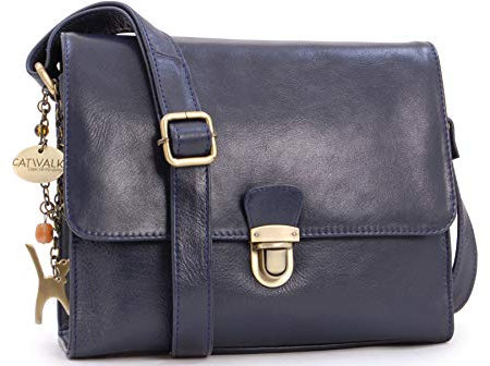 Catwalk Collection Handbags - Damen Leder Umhängetasche - Crossbody Bag/Handtasche Mittelgroß - Verstellbarer Schultergurt - DIANA - Blau