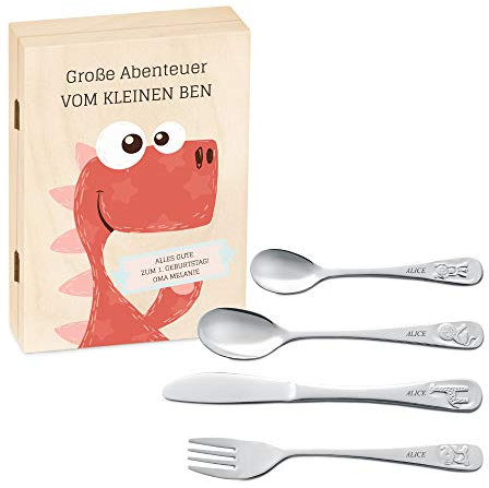 Maverton Kinderbesteck Set mit Gravur + Holzbox mit Aufdruck - aus Edelstahl - mit Tieraufdruck - 4-teilig - personalisierbar - Braun - Geschenk Geburtstag, Taufe, Geburt - Drache