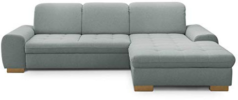 CAVADORE Sofaecke Lexi im Landhausstil / Schlafsofa in L-Form mit XXL-Longchair rechts und Federkern / Inkl. Bett, Bettkasten und Kopfteilfunktion / 275 x 82-99 x 173 / Flachgewebe: Hellblau