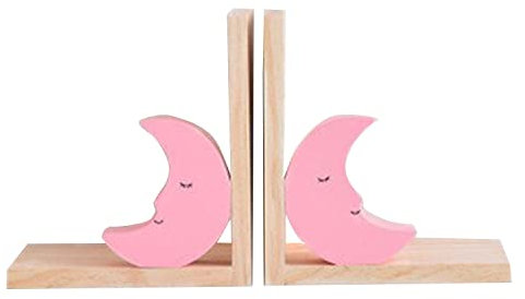 Nacnic Satz von Zwei hölzernen rosa Mond Buchstützen. rutschfeste Buchstützen für Bücherregale. Dekoration für das Kinderzimmer.