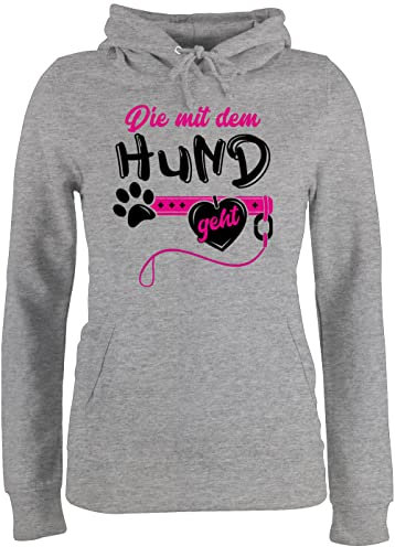 Pullover Damen Hoodie Frauen - Geschenk für Hundebesitzer - Die mit dem Hund geht - schwarz/Fuchsia - S - Grau meliert - hundepullover hundefan hundepfoten Hoddies sprüche+Pullover Hundefans den