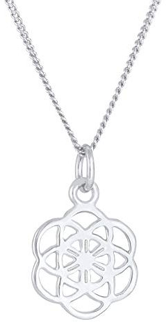 Damen Halskette mit Symbol Anhänger Blume des Lebens (12 mm), Silberkette im Boho Style aus 925 Sterling Silber, Kette mit Ornament Lebensblume für Frauen und Mädchen, Länge 45cm