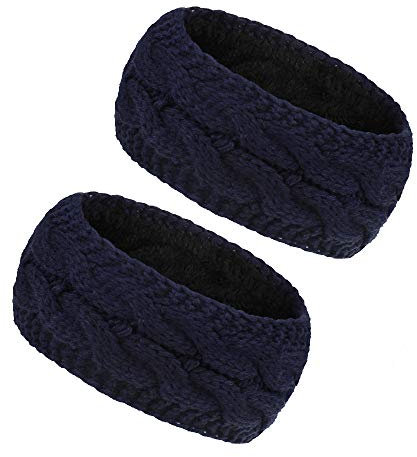 2PCS Fleece Lined Headband for Women, Winter Ear Warmer Knitted Thick Warm Headband Cable Head Wrap Elastic Ladies Hairband (Navy Blue)