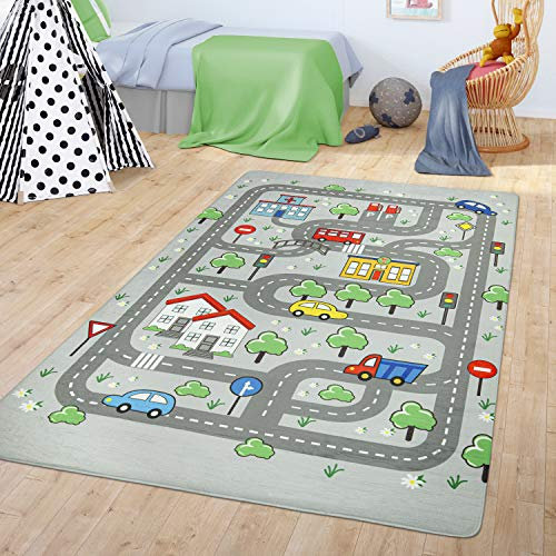 TT Home Teppich Kinderzimmer Spielteppich Babymatte Junge Straßenteppich Auto Stadt, Farbe:Grau, Größe:155x230 cm