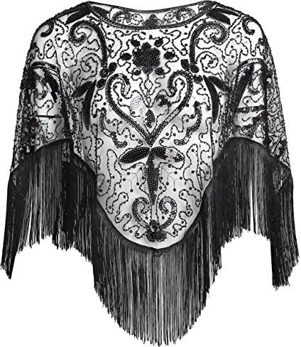 EORUBE 1920s Stola Schal Damen Pailletten Umschlagtücher für Abendkleid Retro Gatsby Party Kostüm Accessoires (Ganz Schwarz)