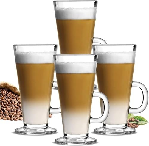 Latte Glasses Tea & Coffee Cups Pack of 6-270ml Temperature Resistant Hot Drink Cafe Mugs with Handle Ideal for Milk Juice Ice Cream Latte, Cappuccino, Espresso and Hot Chocolate