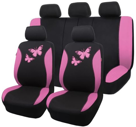 Flying Banner Autositzbezüge aus atmungsaktivem Netzstoff, buntes Schmetterlings-Offset-Druckmuster, Airbag-kompatibel, vollständiges Set, Rosa