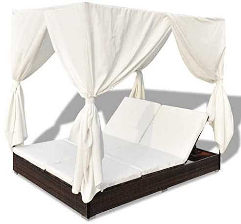 Hommdiy Sonnenliege mit Vorhängen Gartenliege Lounge Doppelliege Relaxliege Sonnenbett Doppelbett Gartenmöbel Liege Liegestuhl Poly Rattan Sun Lounger Poly Rattan Garden Cremeweiß+Braun