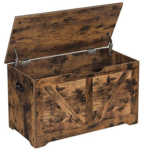 VASAGLE Storage Chest, Storage Trunk with 2 Safety Hinges, Storage Bench, Shoe Bench, Farmhouse Style, 15.7 x 31.5 x 18.1 Inches, for Entryway, Bedroom, Living Room, Rustic Brown ULSB062T01