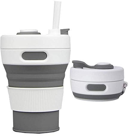Irzaki Collapsible Camping Cup with Straw Silicone Folding Coffee Cup Sport Bottle Portable Travel Outdoor Car 450ml 16oz
