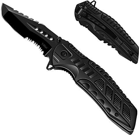 YiMai Couteau de Poche Multifonction avec Pierre à Feu, Couteau Pliant de Survie pour Chasse, Camping, Randonnée et Usage Domestique (Noir-1)