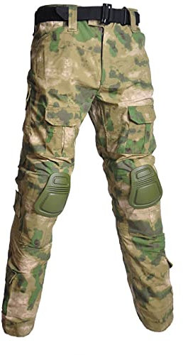 KINROCO Pantaloni Mimetici Tattici Uomo con Ginocchiere All'aperto Multitasche Resistente Graffi Trekking Combattimento Militare Pantaloni Cargo(Size:30W,Color:Rovina Verde)