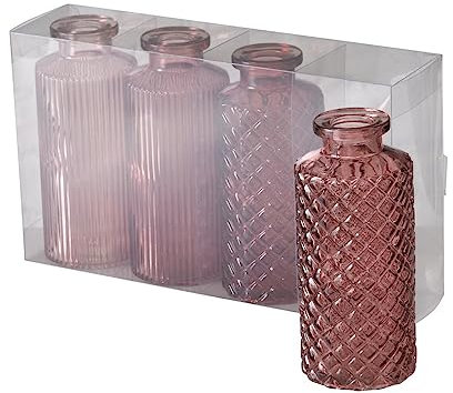 ReWu Blumenvase im 4er Set aus Glas in Flaschenform mit Relief Veredelung Dekovase Blumenvase für Ihren Wohnraum -Rosa