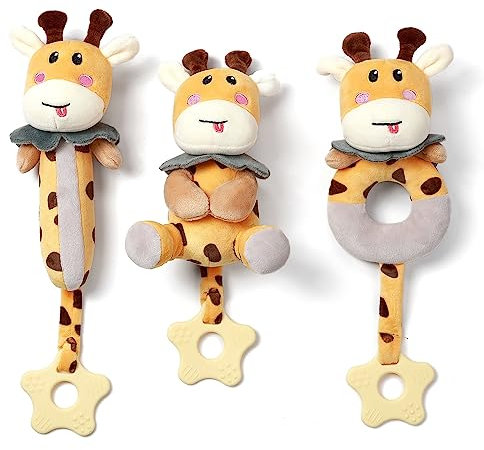 TUMAMA Baby Rassel Spielzeug für 0-6 Monate 3Pcs Neugeborenen Greifling Weichen Rasseln Beißring Sensorische Plüsch Spielzeug Set für 0 3 6 9 12 Monate Kleinkind Jungen Mädchen Dusche Geschenk
