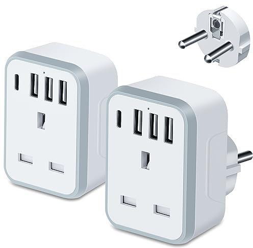2 PACK UK to European Plug Adapter,Schuko European Plug Adapter with 3 USB Ports and 1 Type C,Grounded EU Europe Power Adapter for Germany Spain France Turkey Greece Iceland Poland and More(Type E/F)