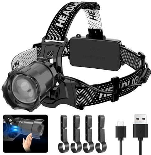 WholeFire Linterna frontal LED recargable, 10000 Super brillante linterna frontal con 3 modos de iluminación, 90 ° ajustable, IP65 impermeable