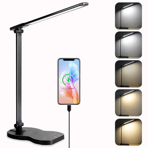 rigors Schreibtischlampe LED, Tischlampe 5 Farb und 10 Helligkeitsstufen, Tischleuchte TouchBedienung Bürolampe mit Memory-Funktion, 45min Auto Timer, USB Ladefunktion Leselicht für Home Office