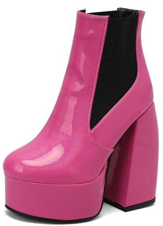 MJIASIAWA Damen Chunky Höhe Ferse Mode Plateau Boots Runde Zehen Halloween Carnival Kleid Elegant Chelsea Warm Winter Stiefeletten Rose-Rot Gr 36 Eu