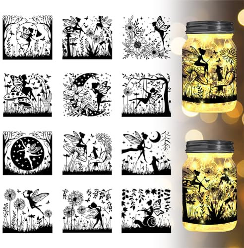 GLOBLELAND 12 Stück Feen Silhouetten Glasausschnitte, Löwenzahn Kunststoff Silhouetten Wandaufkleber (Keine Aufkleber), Laternenglas Ausschnitte, Fensterlampen Aufkleber, Glasdekorationen