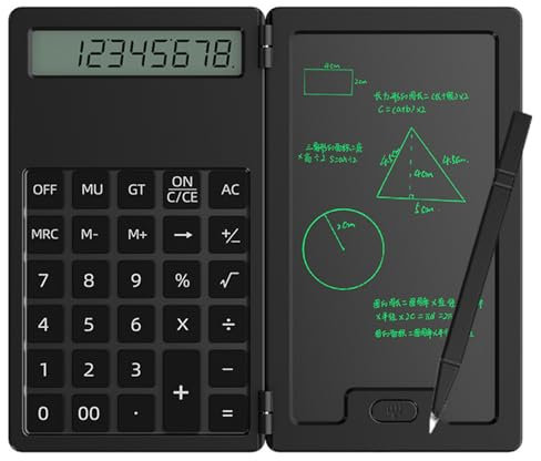 SHINROAD Calculator With Writing Pad and Tablet, 12 Digit LCD Display Desktop With Screen, Foldable Pocket for School Students Office Business (Black)