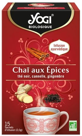 YOGI Biologique Chaï aux Épices, Infusion 100 pourcent Bio au Thé Noir, Cannelle et Gingembre, 15 sachets thermosoudés et sans agrafe, 24 g, 310016