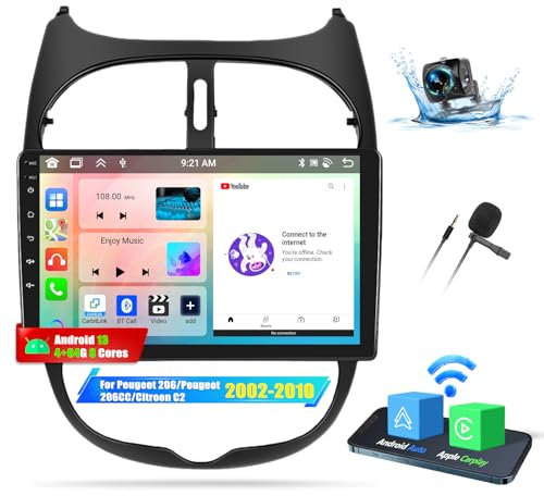OiLiehu 4+64G 8 Kern Android 13 Autoradio 2din Carplay Android Auto Autoradio Mit Bildschirm 9 Zoll für Peugeot 206/Peugeot 206CC/Citroen C2 2002-2010 Unterstützung Bluetooth GPS FM RDS WiFi DSP