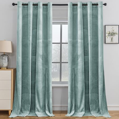 YSTELLAA Gardinen Samt 2er Set, 140×240 cm, Verdunklungsvorhänge Mit Ösen, Vorhang Blickdicht Wohnzimmer Modern, Thermovorhang Schlafzimmer, Schallschutz Vorhang, Blackout Curtain, GrauGrün