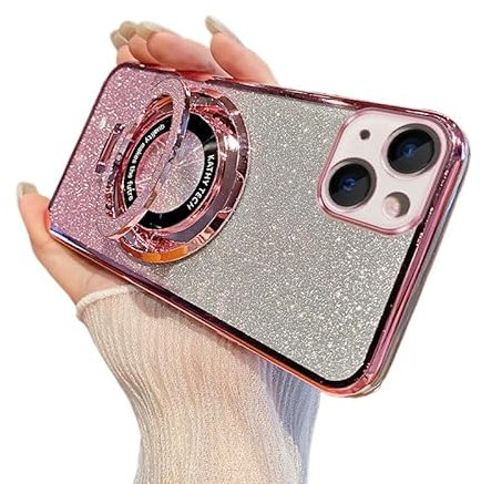 SIYOPINPFY Case for iPhone 13 Mini, Glitter Sparkly Deluxe Plating Silicon TPU Soft Cover Lens Protector ∣Wireless Charging Compatible∣ Magnetic Ring Stand Holder for iPhone 13 Mini, Shiny Rose Gold