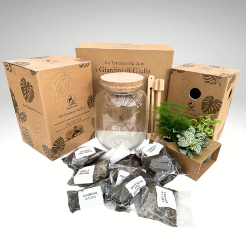 Kit Terrarium Fai-da-Te 'I Giardini di Giulia' completo, Ecosistema Autosufficiente, Piante Incluse, Design Biologico, Terraium in vetro, Kit terrario con vaso in vetro e tappo in sughero