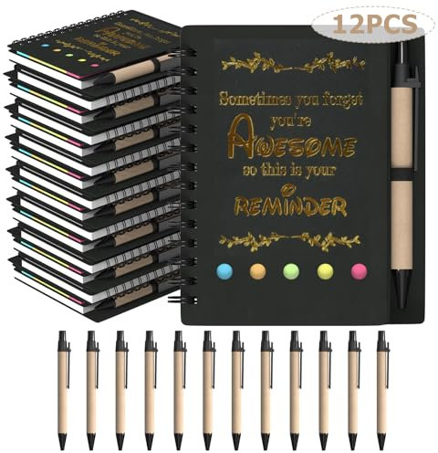 HochoLii Spiral Notebooks 12 pcs,Thank You Gifts Inspirational Journals with Retractable Paper Pens Bulk Encouragement Notepad for School Teacher Employee(Awesome Sign, Black)