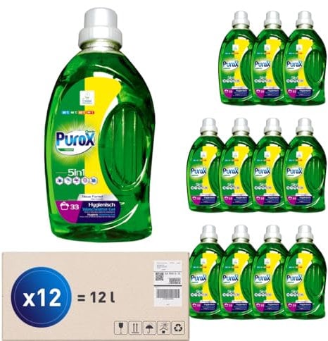 PUROX UNIVERSAL Detergente Lavadora Líquido Gel (33 Lavados x12) – para todo tipo de tejidos, elimina manchas, totalmente enjuagable, ecológico, protección antical, 1 L Multipack 12 Unidades