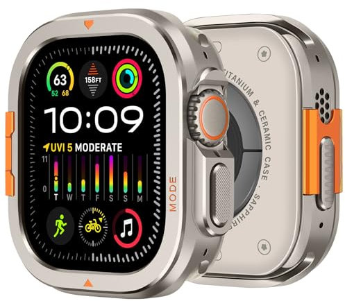 Bisikor 2 in 1 Metal Case Compatible with Apple Watch Ultra 3/2/1 49mm Case, Rugged Protective Metal Bumper with Back Cover for iWatch 49mm, Natural Titanium