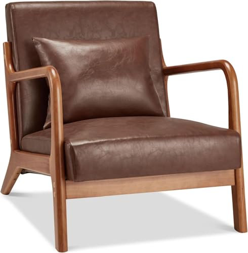 YODOLLA Sessel Akzentstühle Cocktailsessel für Wohnzimmer, Lesesessel loungesessel mit Holzarmlehne Armchair Accent Chairs PU Leder Rotbraun, 65x75x70 cm