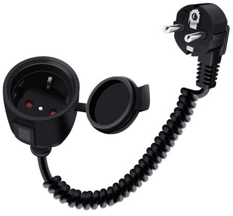 HuaLiSiJi Rallonge Schuko Cable Spirale 16A 250V Rallonge Électrique Schuko Coudée à 90° de 0,6m à 1.5 m Max Contact de Protection IP44 pour Une Utilisation Appareils Ménagers (Noir, 1.5 m)