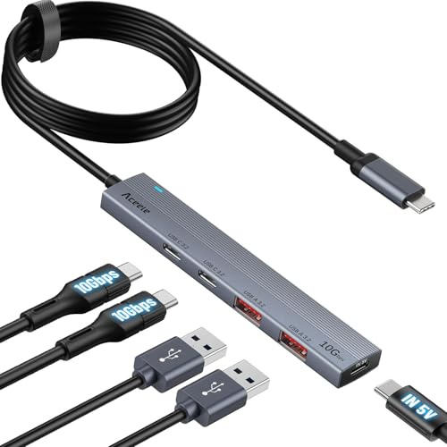 Aceele USB C Hub 10-Gbit/s mit 2 USB-A und 2 USBC-3.2-Anschlüssen, USB3.2 Gen 2 Verteiler mit 1 m Verlängerungskabel & Typ-C-Stromanschluss, Typ C Adapter für MacBook Pro, iPad, Surface und andere PCs