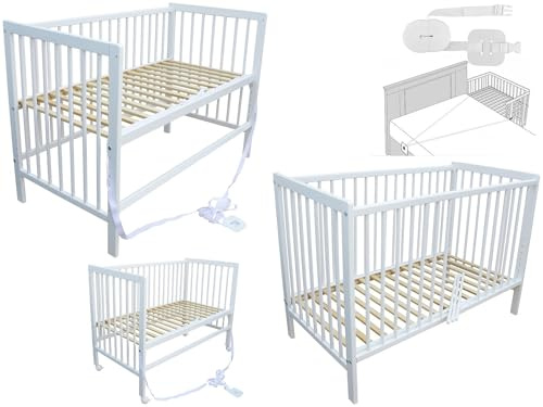 Kinderbett - Beistellbett - Babybett 120x60 cm umbaubares Bett mit Gurt und Rädern (Weiss)