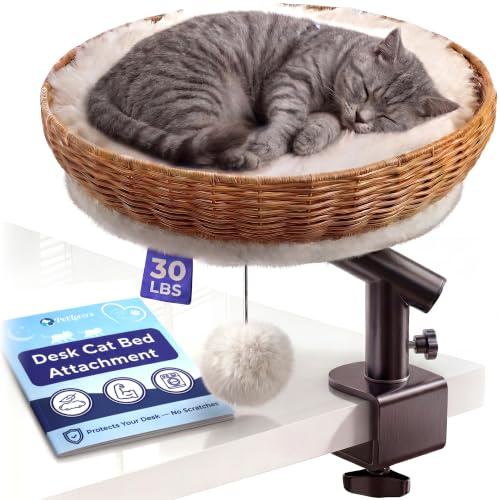 PetLovers Katzen-Schreibtisch-Bett – Rattan-Erhöhter Schreibtisch und Katzenbett-Befestigung mit abnehmbarem, waschbarem Kissen, 360°-Dreharm, sichere Klemme, hält Ihr Haustier in der Nähe, während