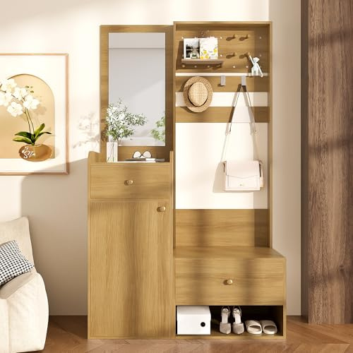 Merax Garderobe Flurschrank, Kompaktgarderobe,Eingangsregal, Garderobe mit Stauraum,Spiegel, Verstellbaren Haken, Schubladen & Regalen,105x38x180cm,Holzfarbe