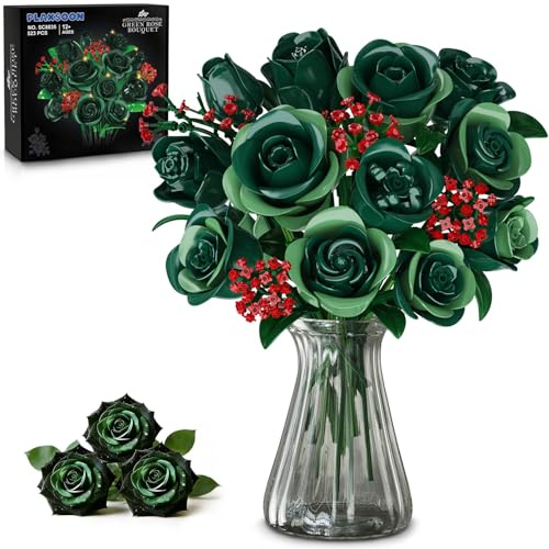 PLAXSOON 16 Green Roses Flowers Bouquet Building Set with Lights | Roses Botanical Collection Building Blocks for Adults Girls, 523PCS Artificial Flower Birthday Gift for Her Home Office Decor