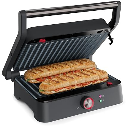 Princess Grill de Contacto, Apertura 180°, Placas Desmontables, Termostato Ajustable, Recogegrasas, Sin PFAS, 1500 W, Superficie 27,5 x 18 cm, Acero Inoxidable, 117502
