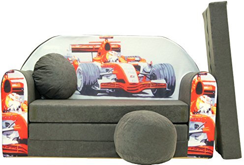 Pro Cosmo umwandelbares Kindersofa – perfekt zum Spielen und Schlafen – mit Abnehmbarer Matratze, Kissen und Pouf – 98x168x59 cm – leicht und einfach zusammenklappbar - A22 - Grau/Rot - F1