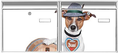 banjado Briefkastenanlage 2 Fach - 2 Briefkästen 72x32x10cm groß - Doppelbriefkasten Set - Namensschild, 2 Schlüssel, Montagematerial - Stahl verzinkt weiß - Motiv Jack Russell