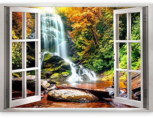 murando 3D WANDILLUSION Wandbild Wasserfall Wald Fototapete Poster XXL Fensterblick Vlies Leinwand Panorama Bilder Dekoration Natur Landschaft Fluss Felsen 210x150 cm c-C-0132-c-a